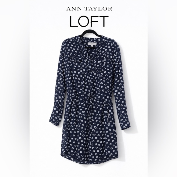 LOFT Dresses & Skirts - LOFT Blue White Dot Shirt Dress Small Lined Pockets Drawstring Waist